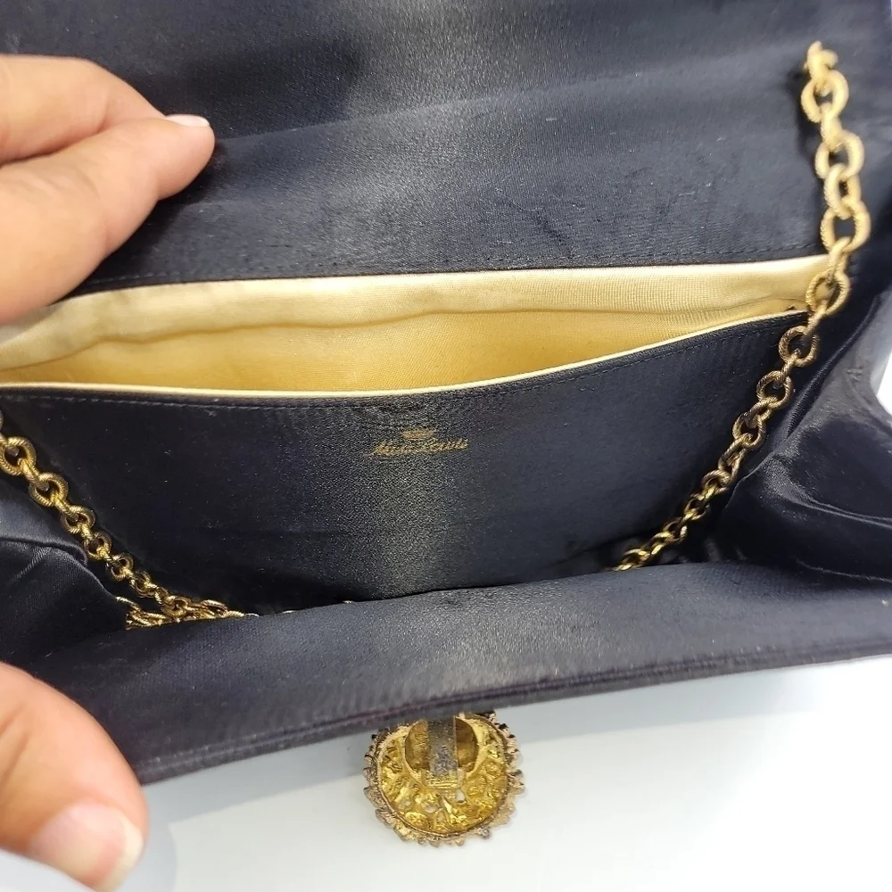 VTG Miss Lewis Black Satin Evening Clutch with Ornate Gold Face Medallion